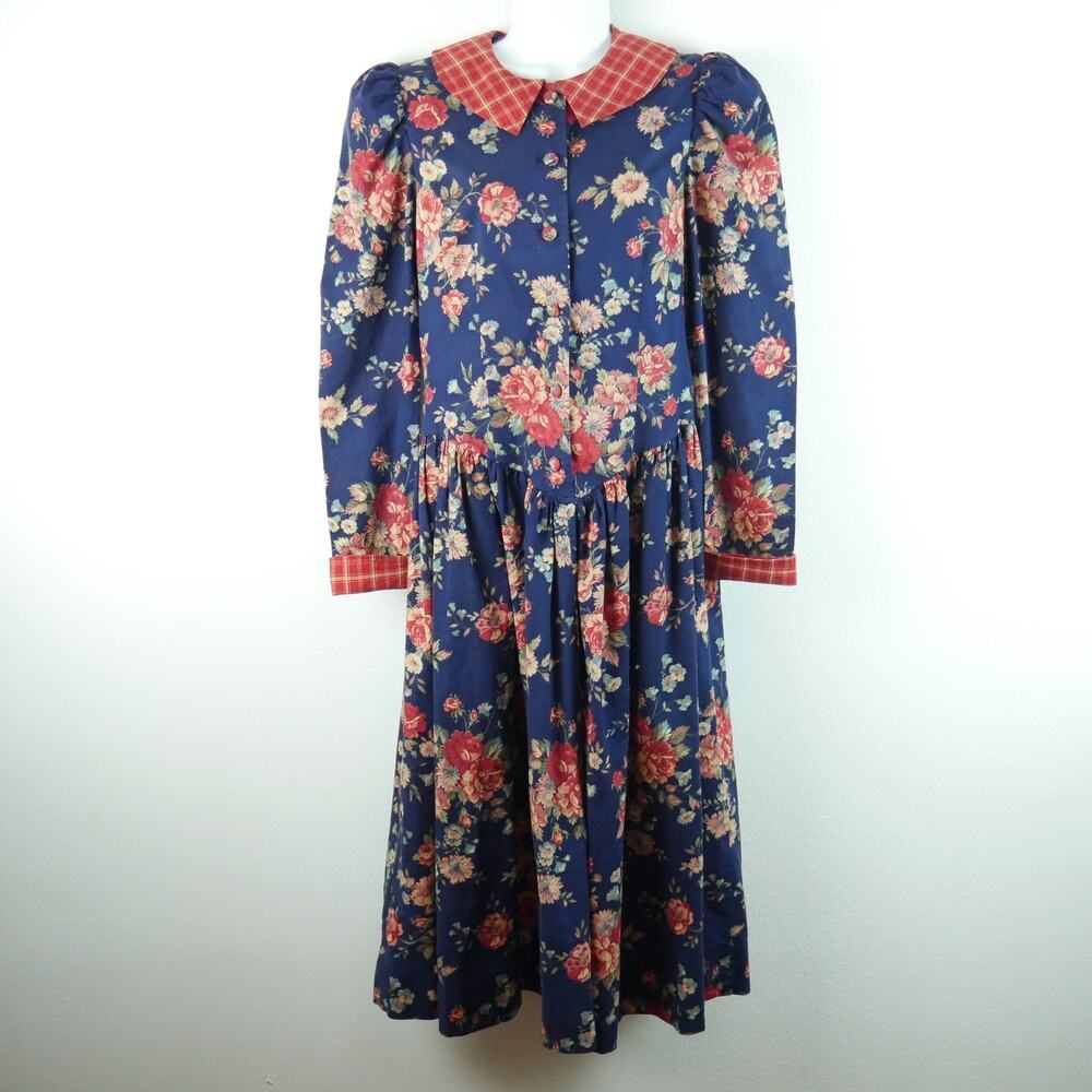 Vintage Handmade 90s Dress Prairie Drop Waist Collar Floral M Midi Victorian Tea